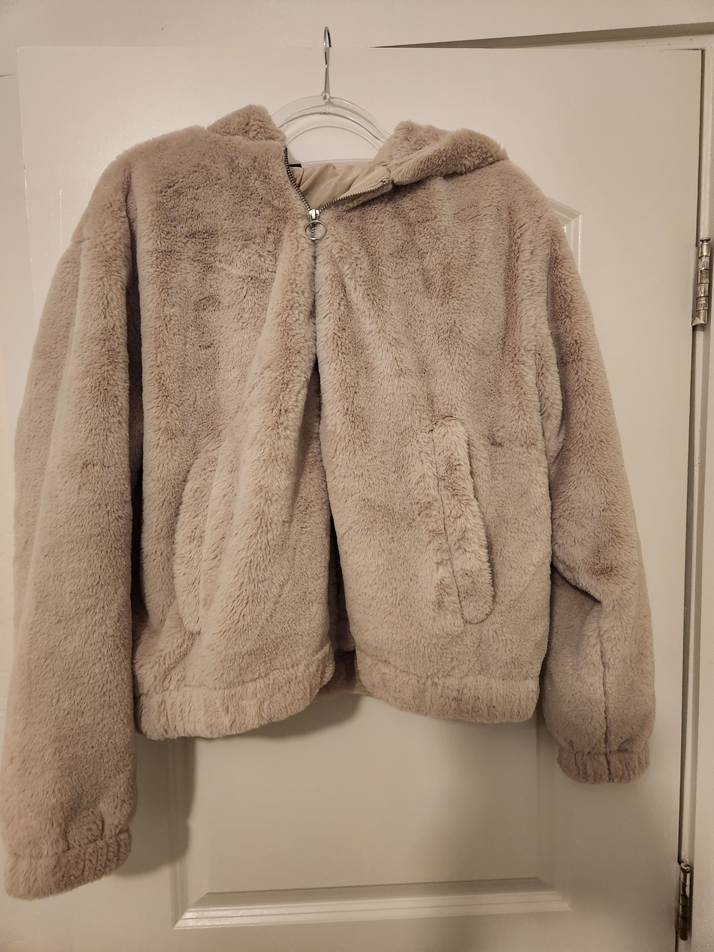 Kids Plush Hooded Jacket - Taupe Faux Fur